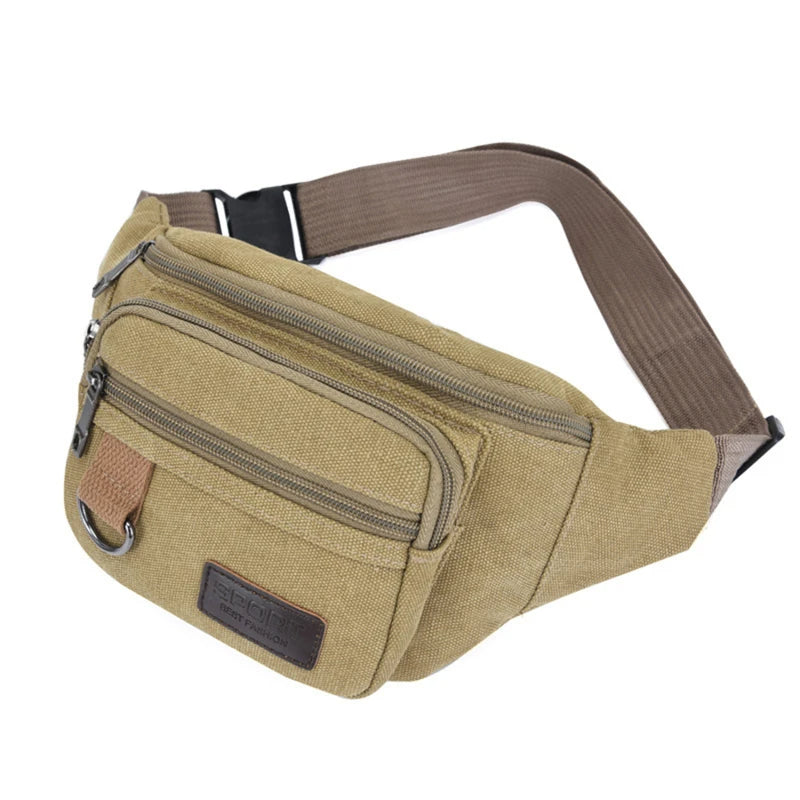 Sacoche banane homme beige en toile sur fond blanc