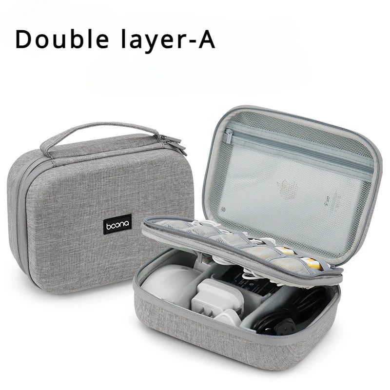 Sacoche multimédia double étage Hard Case Large Capacity Digital Storage Bag Travel Power Bank Data Cable Organizer Bag Mobile Phone Charger Protective Case