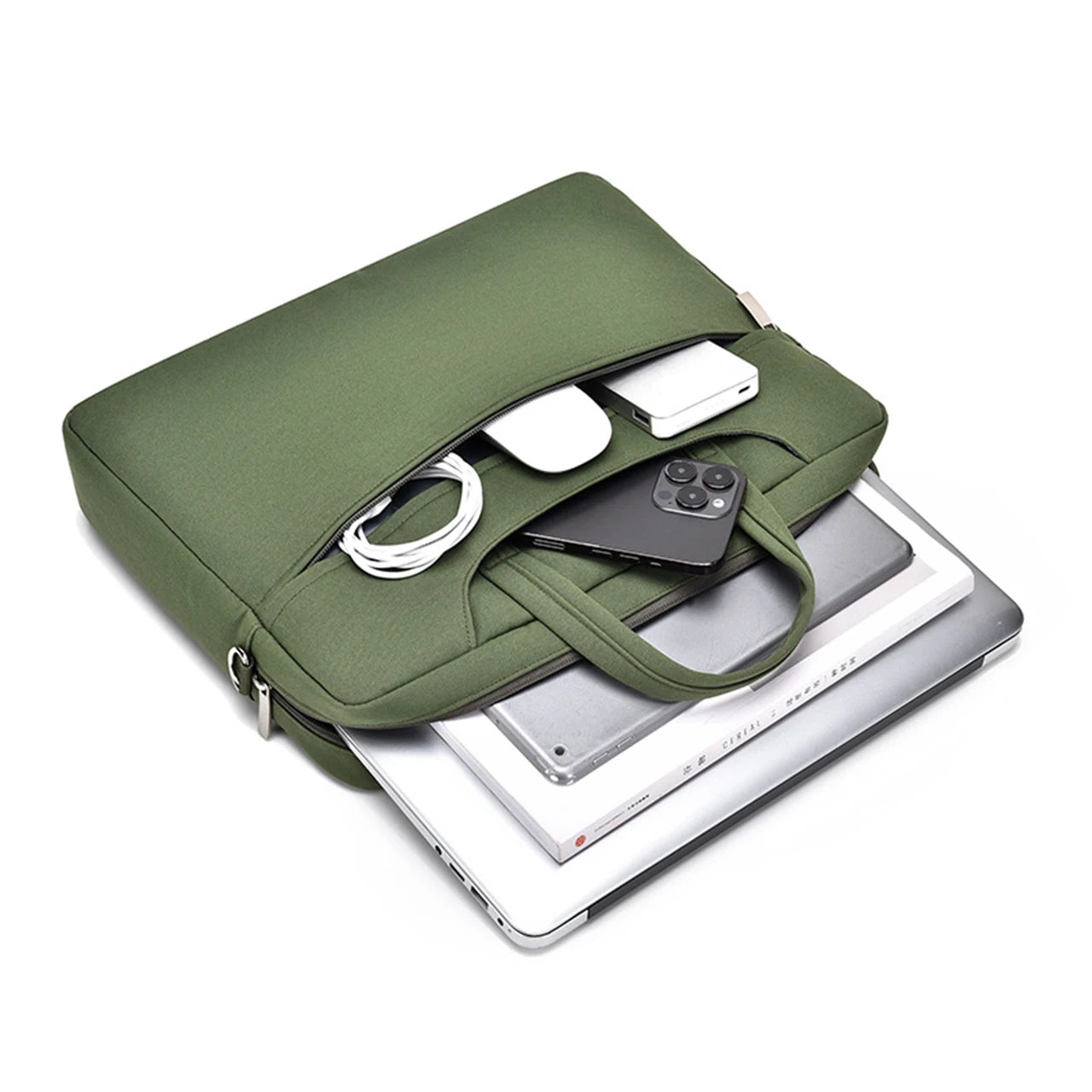 Sacoche ordinateur homme verte et moderne en nylon sur fond blanc